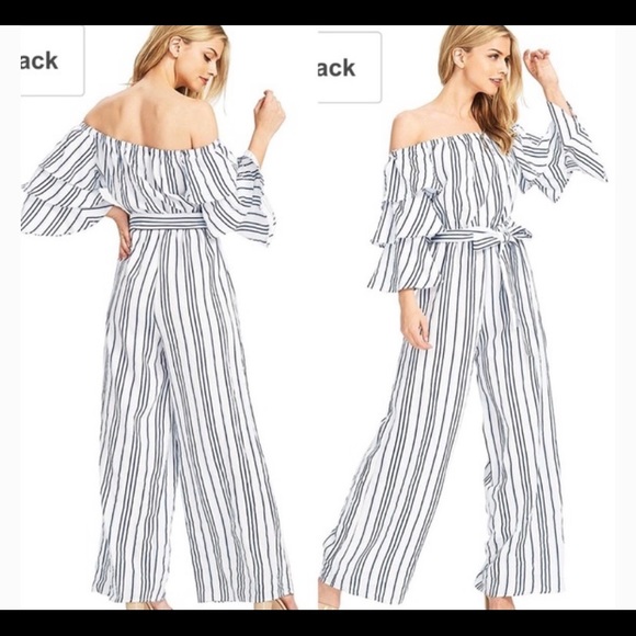 NWOT Flying Tomato Off-The-Shoulder Jumpsuit strip - Picture 1 of 8